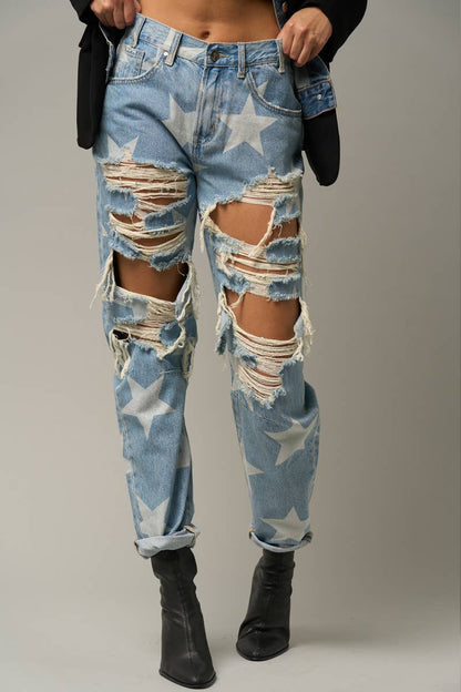 High Rise Ripped Star Print Slouch Jeans