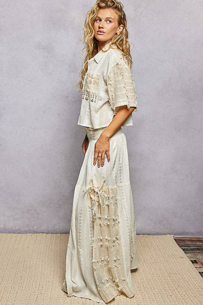 Boho Ruffle Contrast Shell Trim Wide Leg Pants
