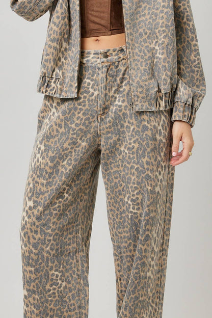 Garment Washed Leopard Baggy Pants