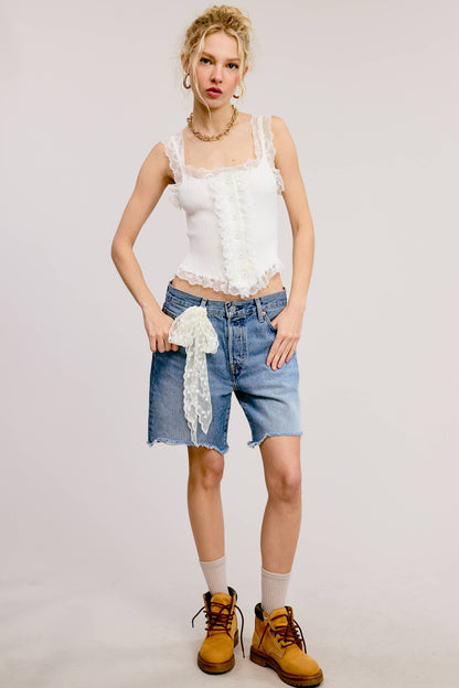 Scalloped Lace Trim Corset-Bodice Knit Tank Top