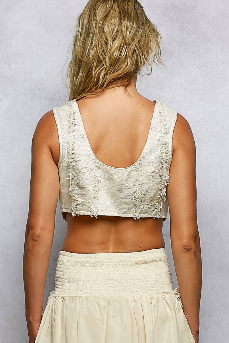 Fringe Trim Tassel Tie V-Neck Crochet Crop Top