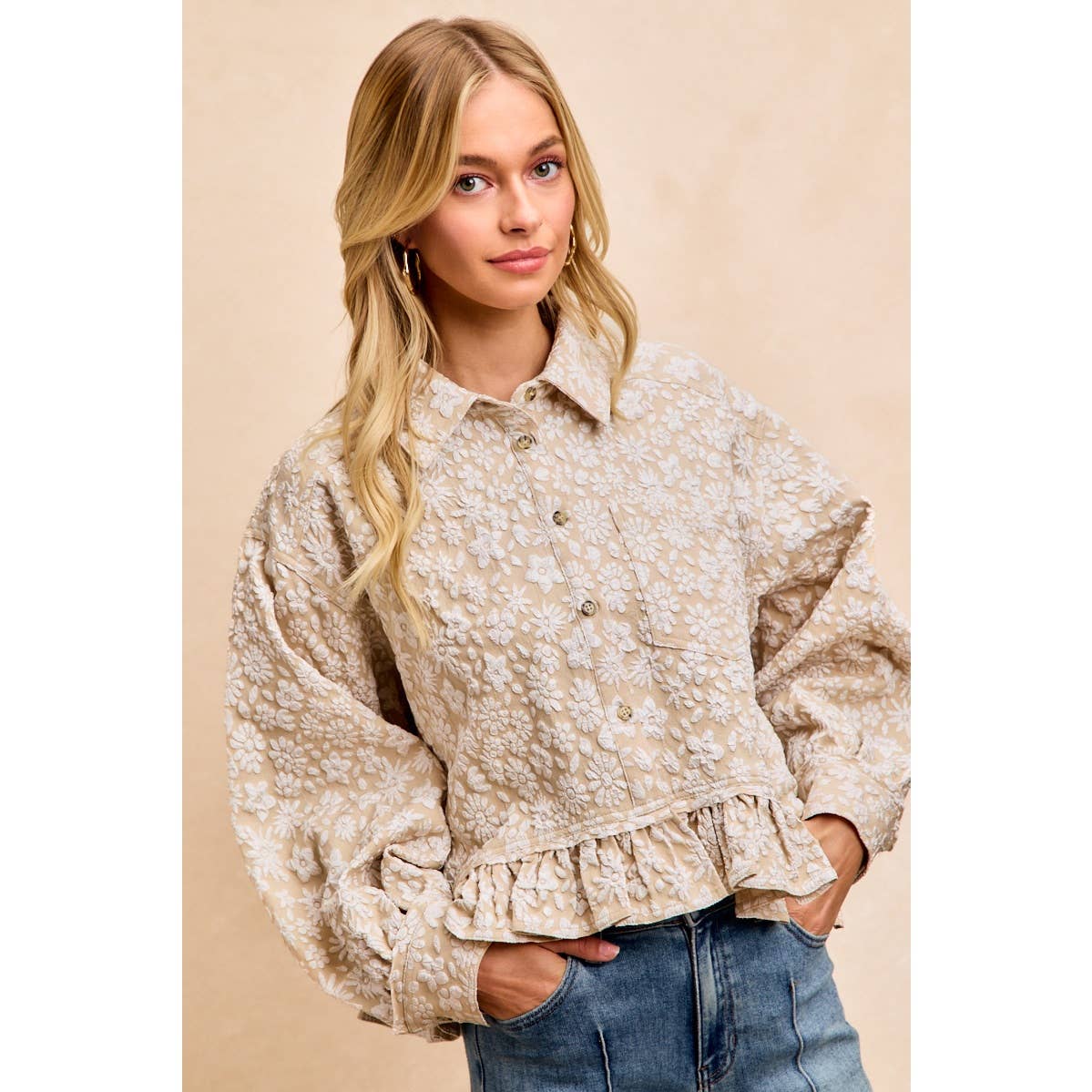 TEXTURED FLORAL PATTERN RUFFLED HEM SHIRT TOP