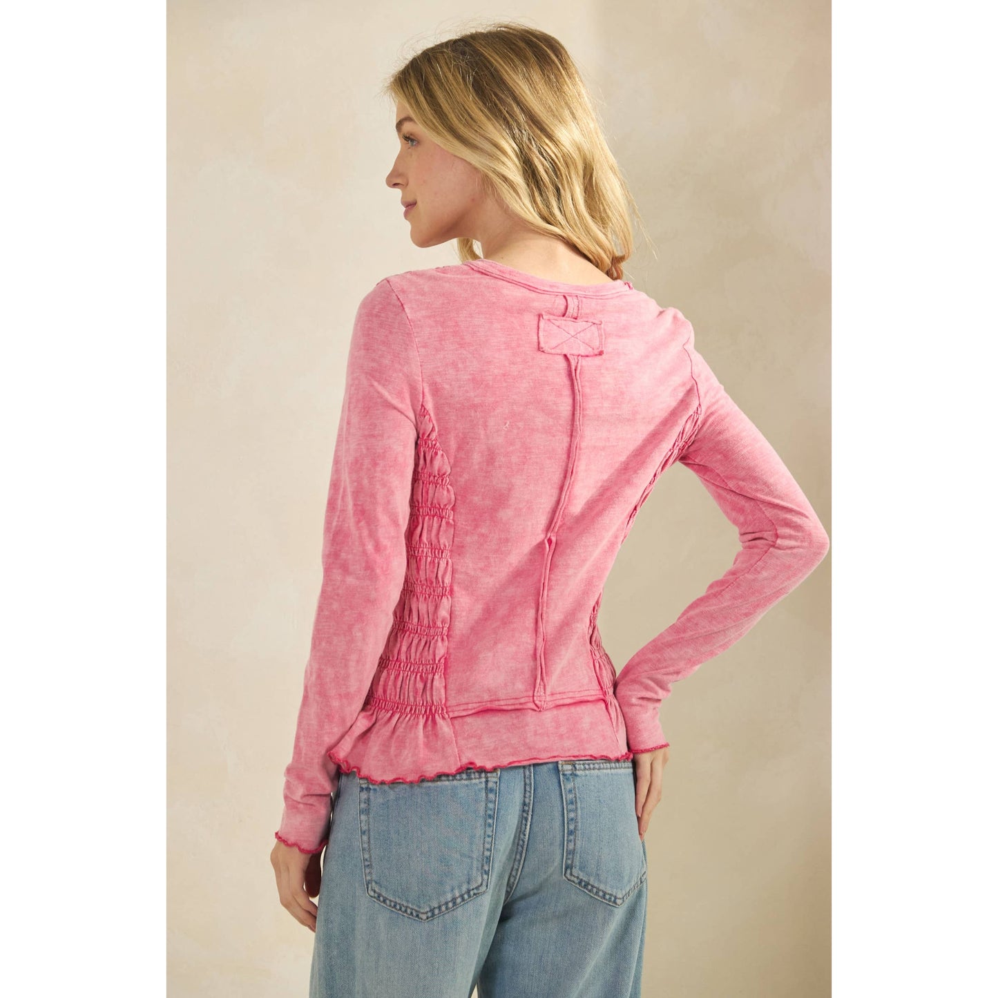 PINK SMOCKED PEPLUM LONG SLEEVE TOP