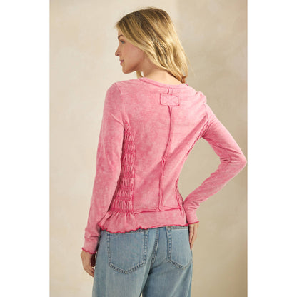 PINK SMOCKED PEPLUM LONG SLEEVE TOP