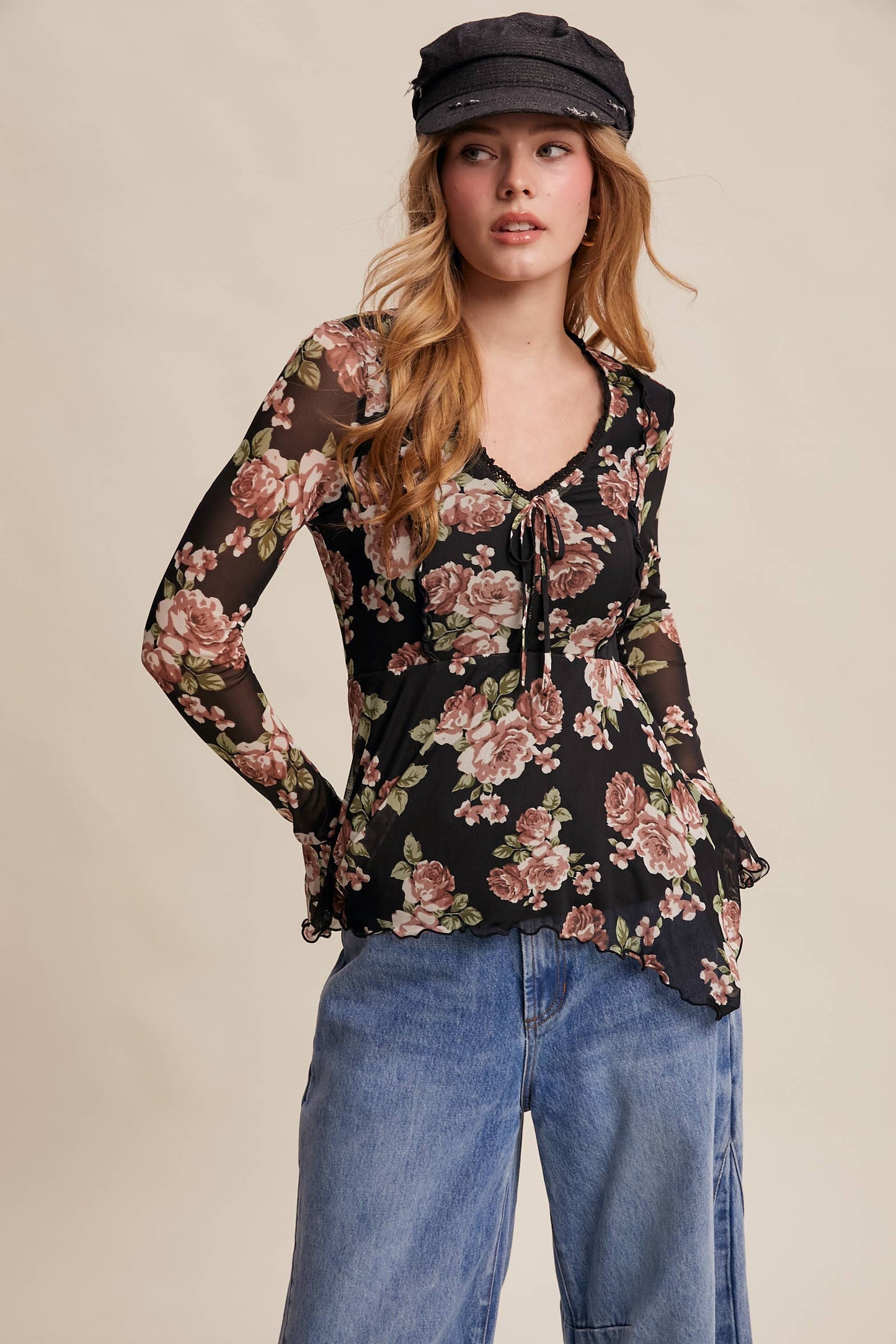 Floral Mesh Handkerchief Blouse