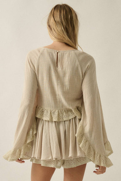 Cotton Gauze and Crochet Lace Ruffle Bell-Sleeve Cropped Top