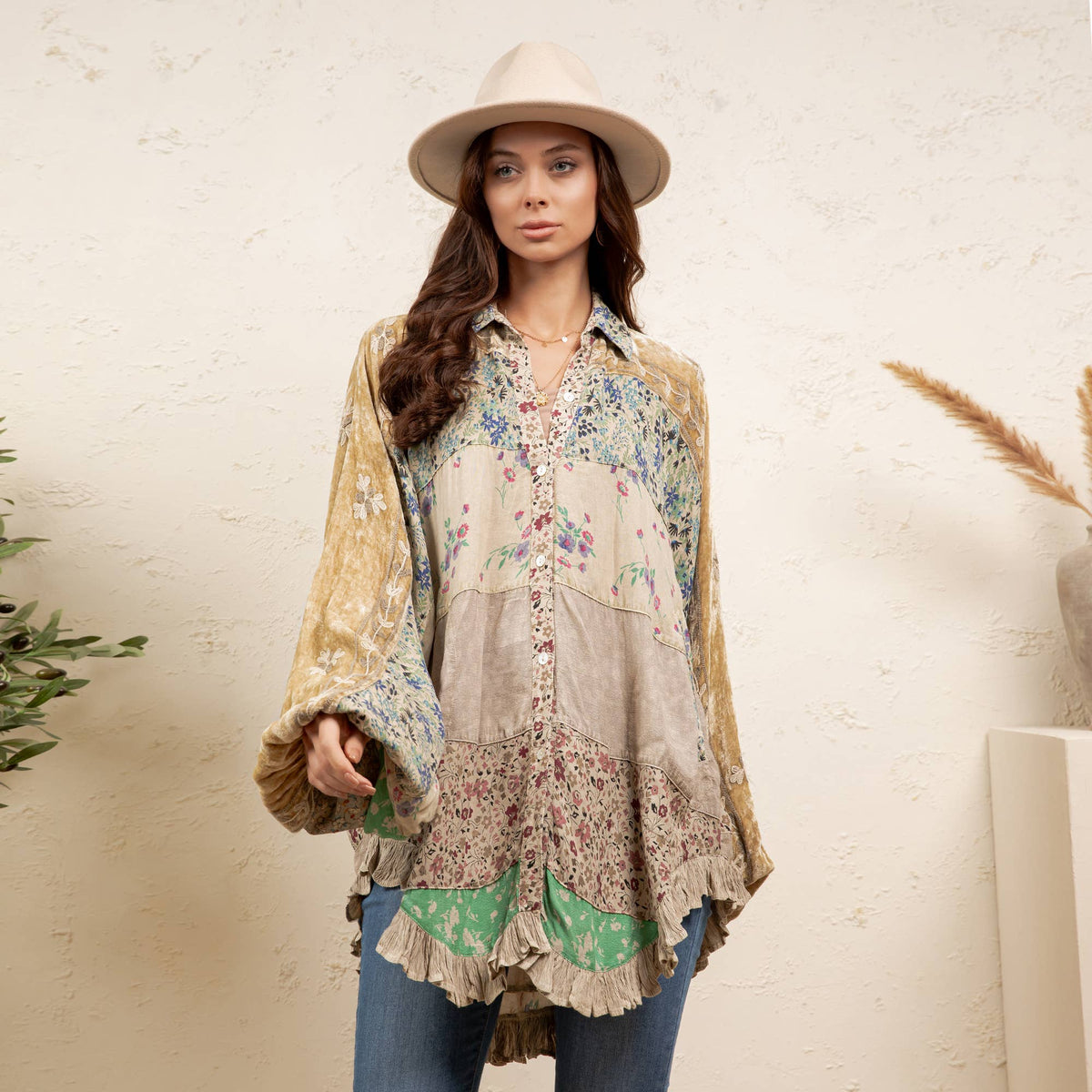 Vintage Mixed Print Patchwork Bat Sleeve Top -Ruffle Hem NEW
