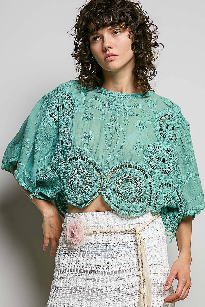 Scalloped knitted border Round Neck Crochet 3/4 Sleeve Top