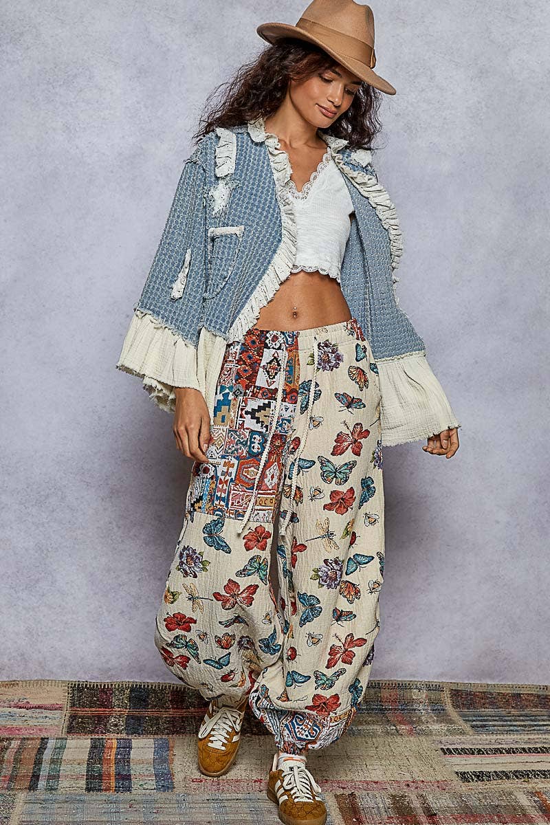3/4 sleeve double gauze ruffle star denim woven jacket
