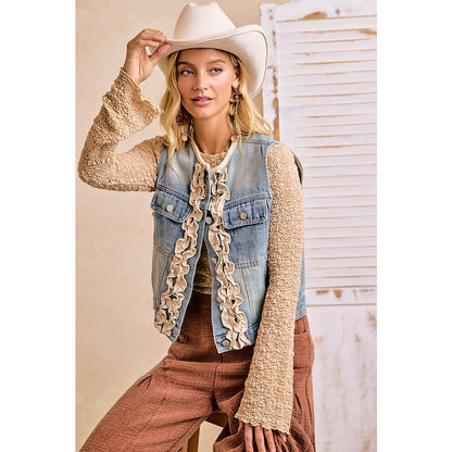 WOMEN WASHED DENIM RUFFLE LAYERING VEST