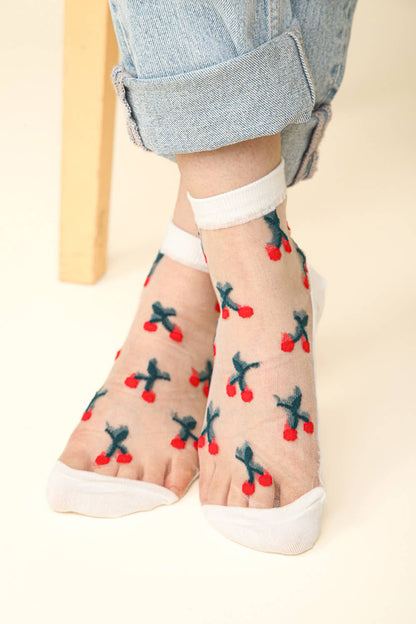 Cherry Embroidered Mesh Ankle Socks