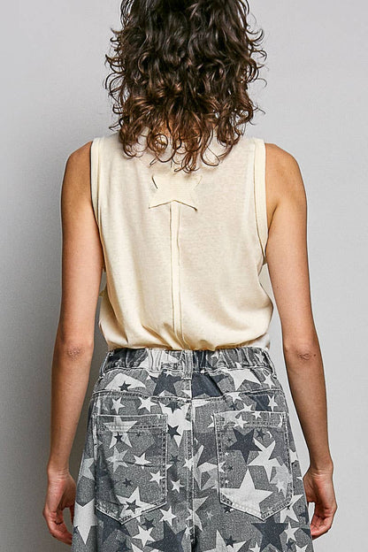 V-neck Sleeveless Front Star Patches Solid Basic Top