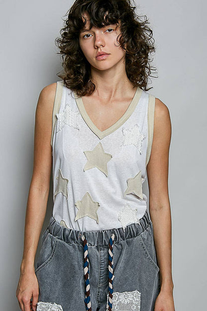 V-neck Sleeveless Front Star Patches Solid Basic Top