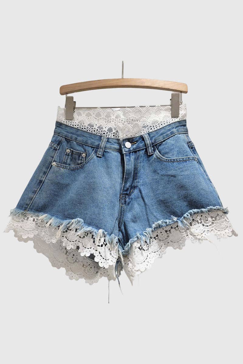 Lace-Accent Denim Shorts