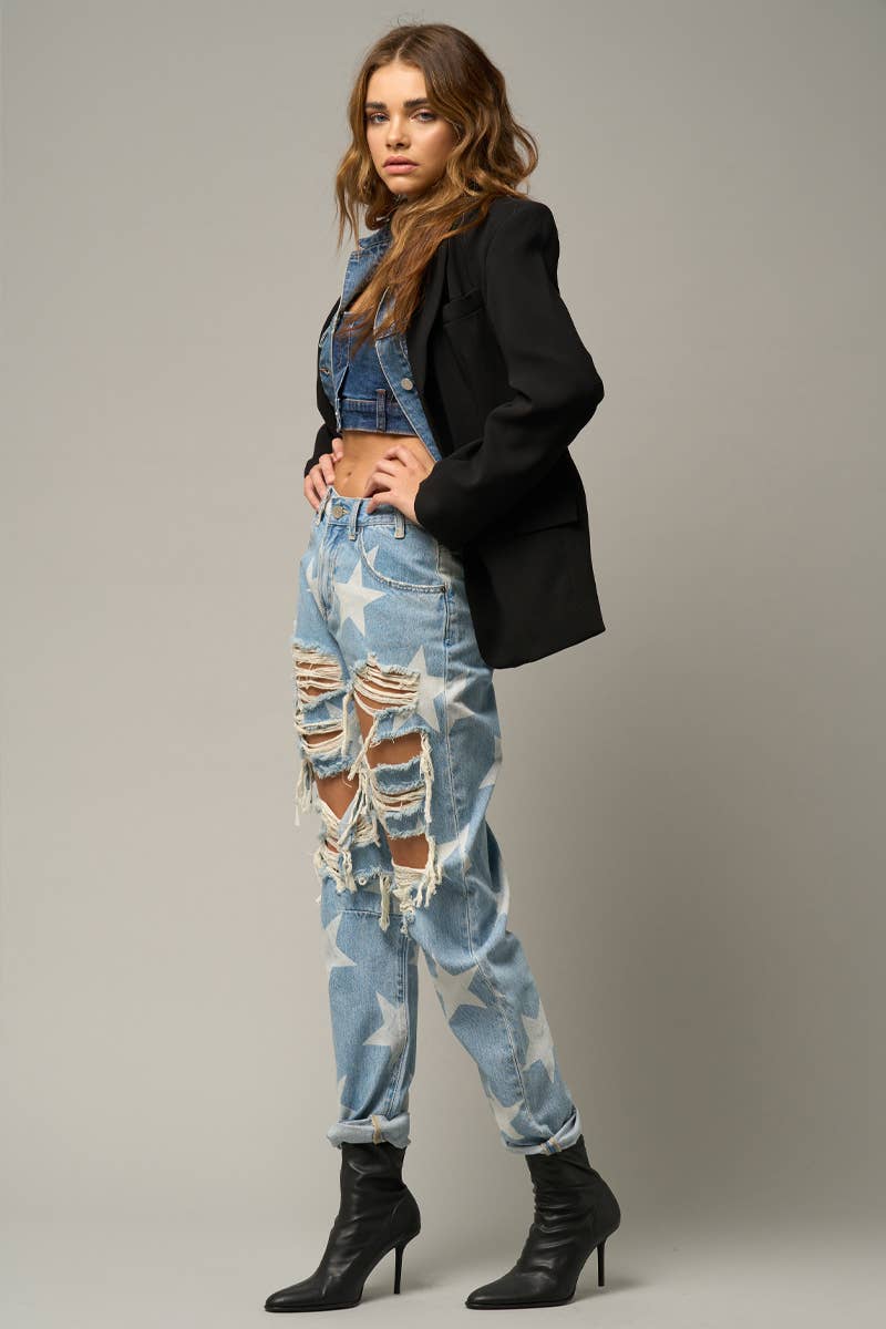 High Rise Ripped Star Print Slouch Jeans