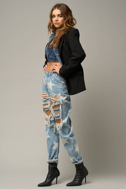 High Rise Ripped Star Print Slouch Jeans