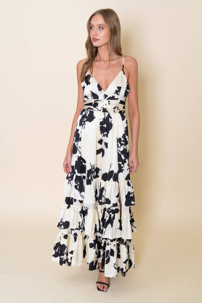 FLORAL V NECK MAXI TIERED RUFFLE DRESS