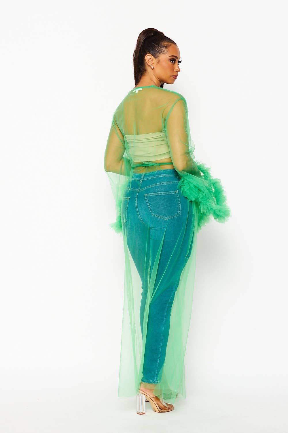 Tulle Mesh Ruffle Duster Cardigan