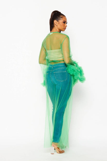 Tulle Mesh Ruffle Duster Cardigan