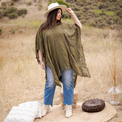 Boho Lace Embroidered V-Neck Asymmetrical Kaftan Top