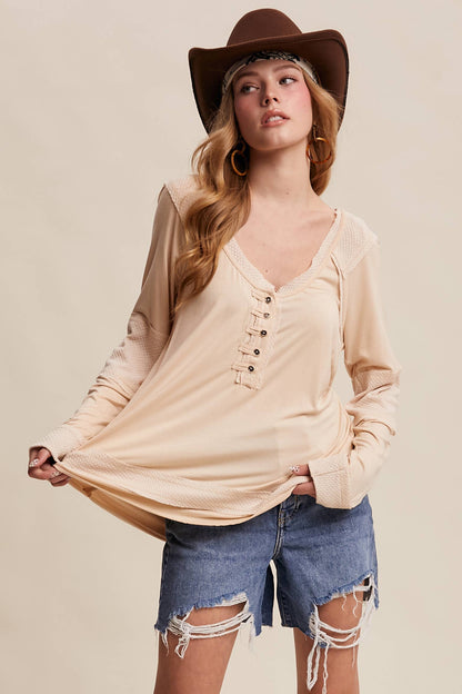 Textured Panel Button Henley Top