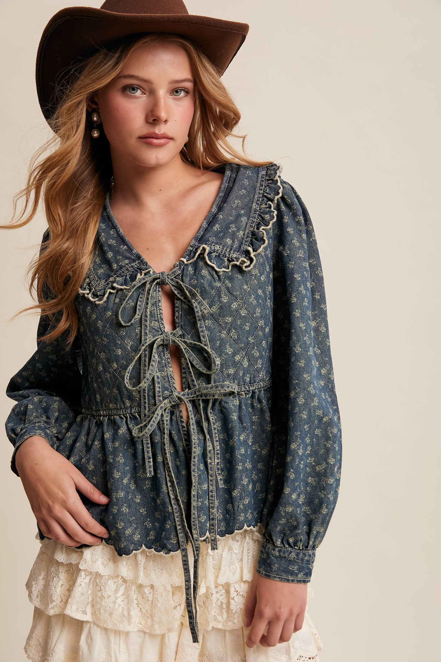 Ruffle Collar Tie-Front Denim Blouse