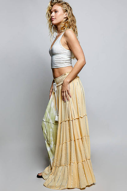 Smocked Waist Tassel Tie Tiered Maxi Skirt