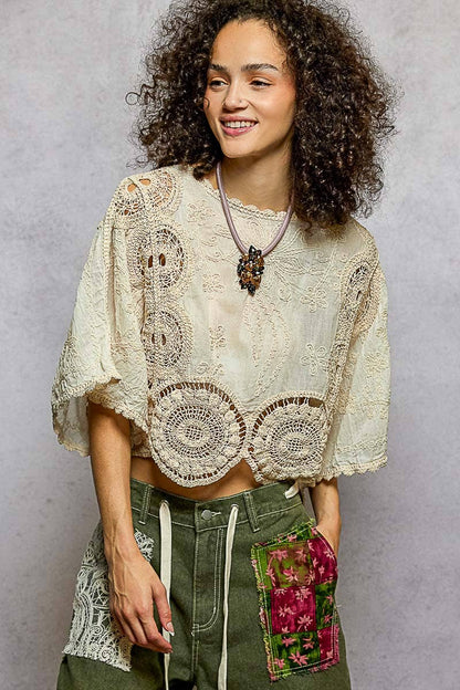 Scalloped knitted border Round Neck Crochet 3/4 Sleeve Top