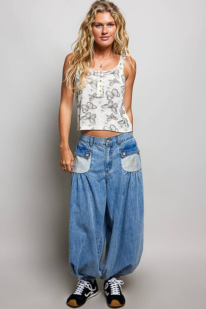 Vintage Washing Butterfly Print Slim Fit Knit Sleeveless Top
