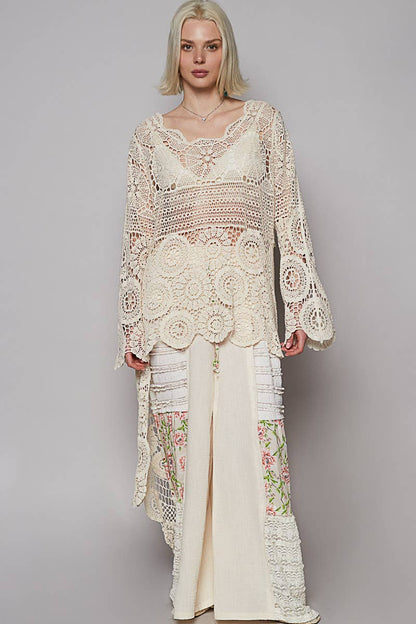 Round neck long sleeve elongated crochet top