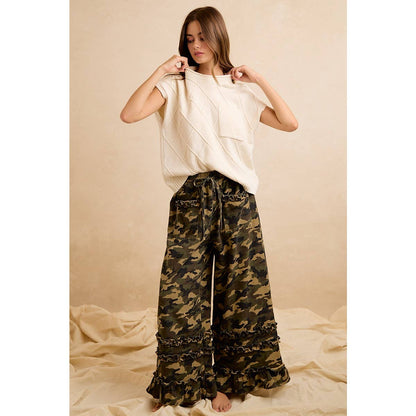 CAMOUFLAGE PRINTED TWILL RUFFLED DETAIL WIDE PANTS