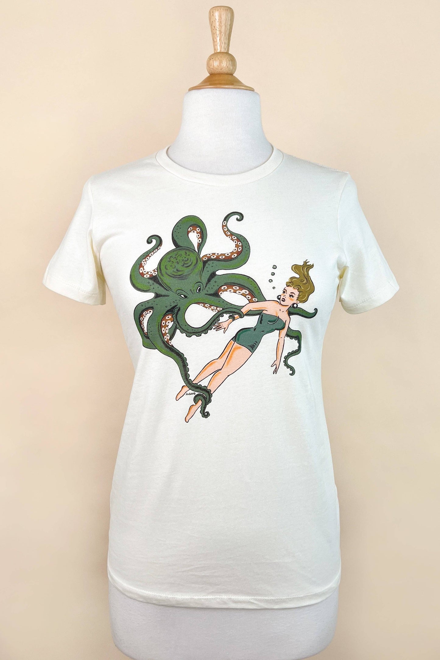 Girl With Octopus Fitted Tee in Ivory