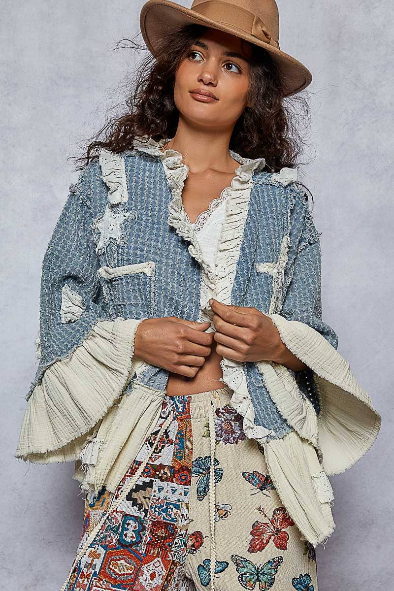 3/4 sleeve double gauze ruffle star denim woven jacket