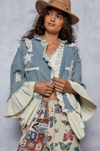3/4 sleeve double gauze ruffle star denim woven jacket