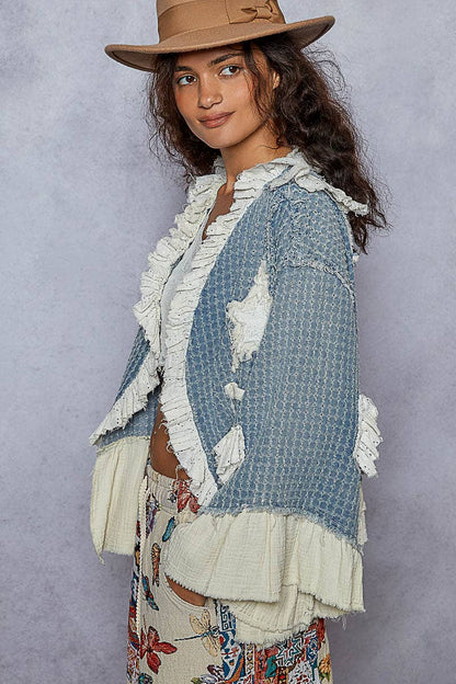 3/4 sleeve double gauze ruffle star denim woven jacket