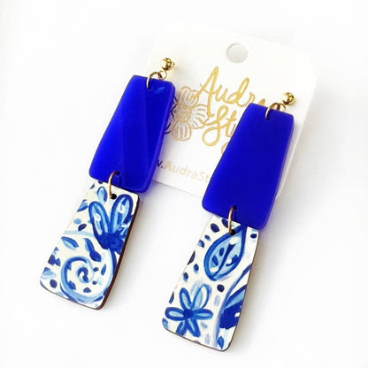 Grace Dangle Spring Summer Geometric Statement Earring - Blue White Floral