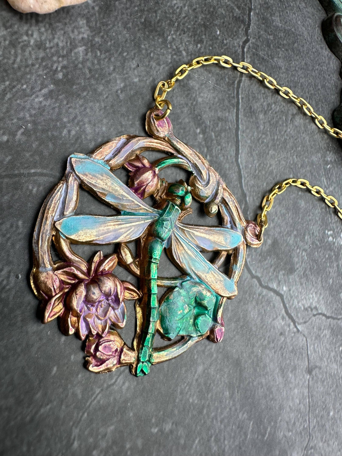 Dragonfly Pendant Necklace, Iridescent Patina Brass, Art Nou
