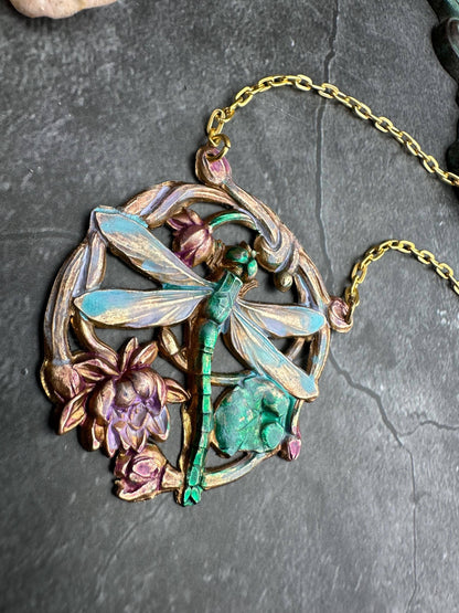 Dragonfly Pendant Necklace, Iridescent Patina Brass, Art Nou