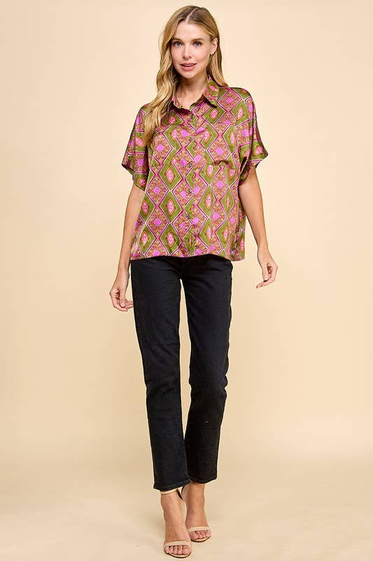 Green and Fuchsia Abstract Printed Button Down Top