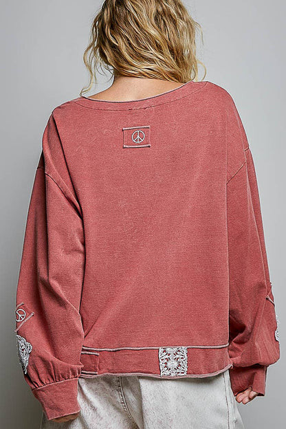 V-Neck Crochet Patch Cross Wrap Cropped Terry Top