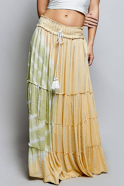 Smocked Waist Tassel Tie Tiered Maxi Skirt