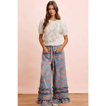 WASHED FLORAL DENIM WITH RUFFLE ELASTIC WIDE PANTS