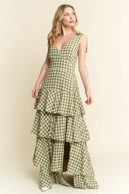 GREEN GINGHAM TIERED MAXI DRESS