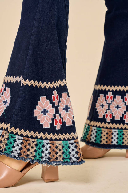 DARK DENIM BELLBOTTOMS WITH EMBROIDERY DETAIL