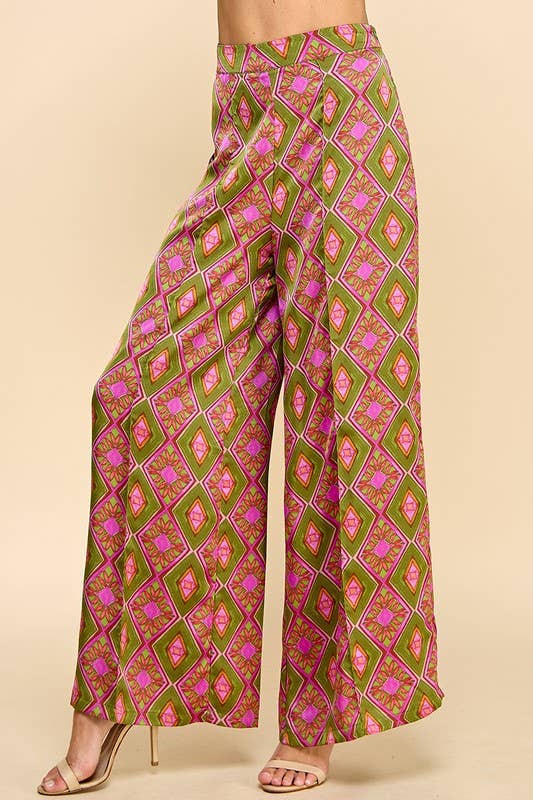 Green and Fuschia Abstract Print Pants