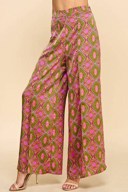 Green and Fuschia Abstract Print Pants