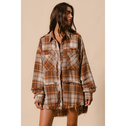 Checked Woven Frayed Shacket