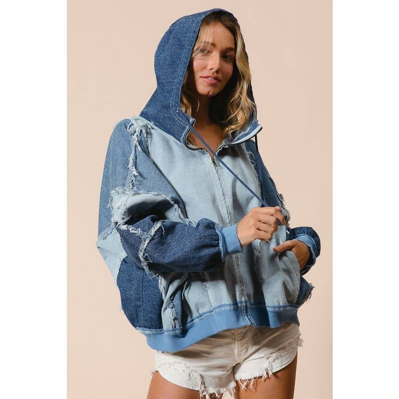 COLOR BLOCK WASHED DENIM ZIP UP HOODIE