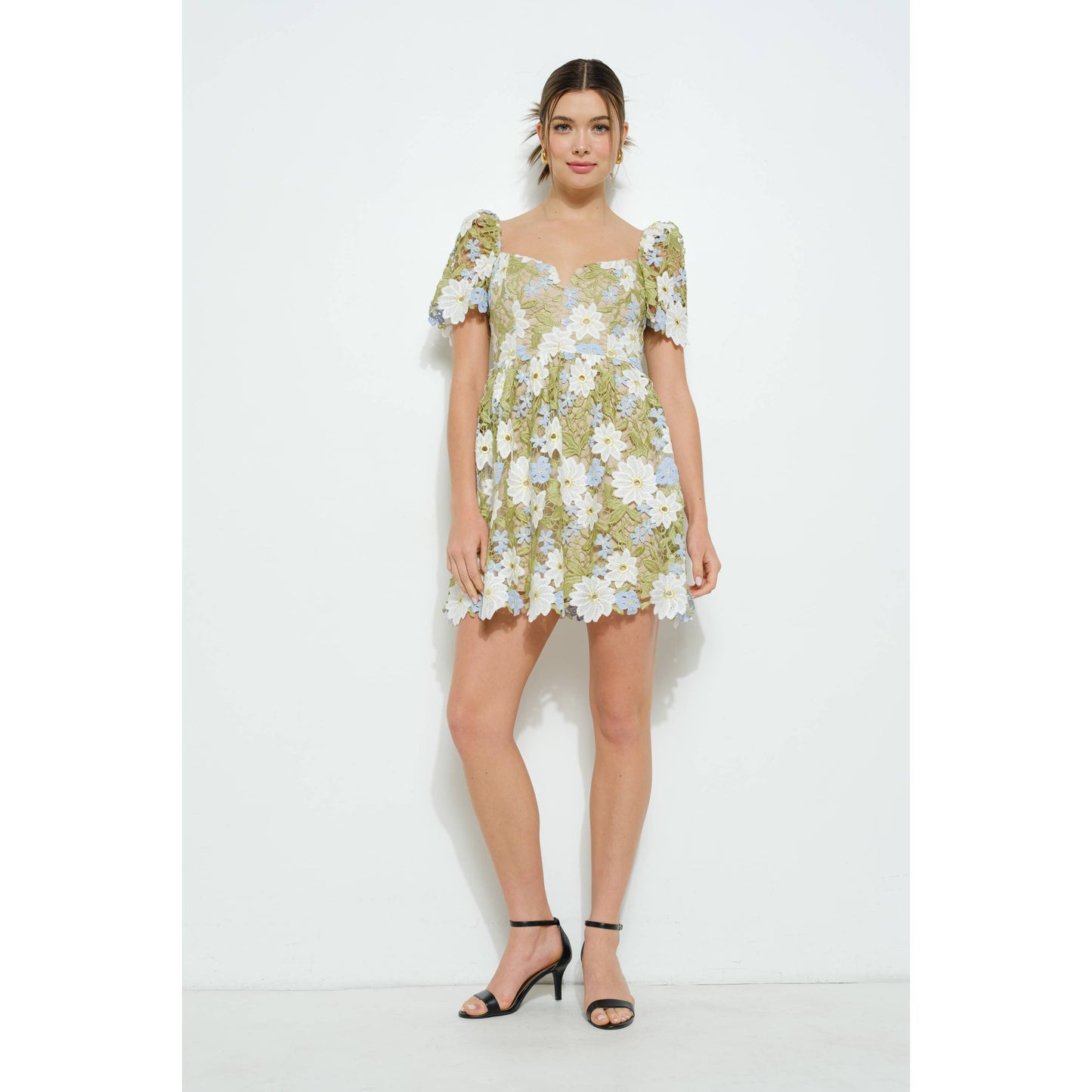Floral Lace Puff Sleeve Embroidered Mini Dress