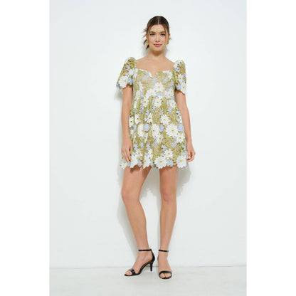 Floral Lace Puff Sleeve Embroidered Mini Dress